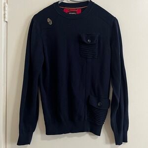 LUKE 1977 Men Small Navy Cotton Crewneck Sweater Lion Logo Utility Pocket Jumper